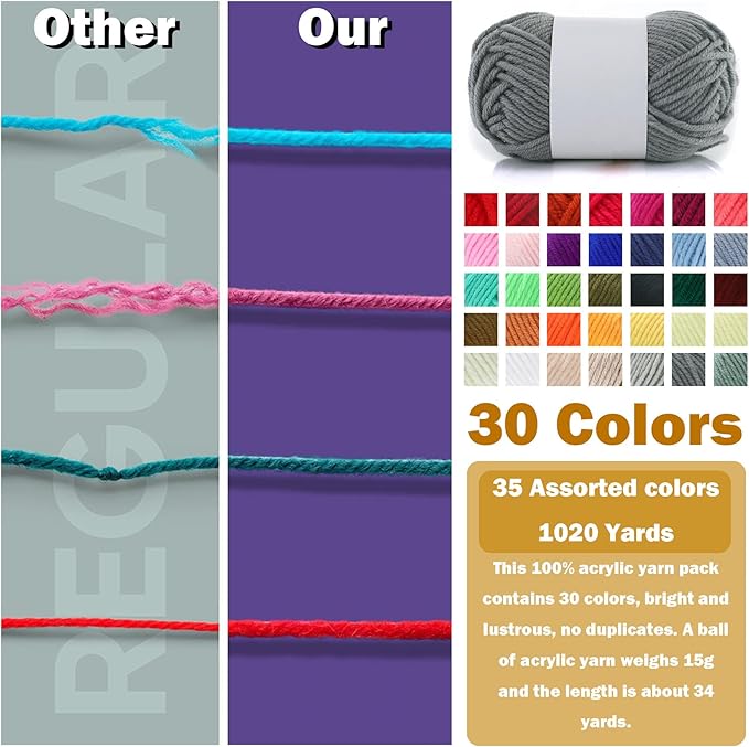 30 Color Multicolor Yarn, 15g Soft Acrylic Yarn for Crocheting, Knitting, DIY Projects