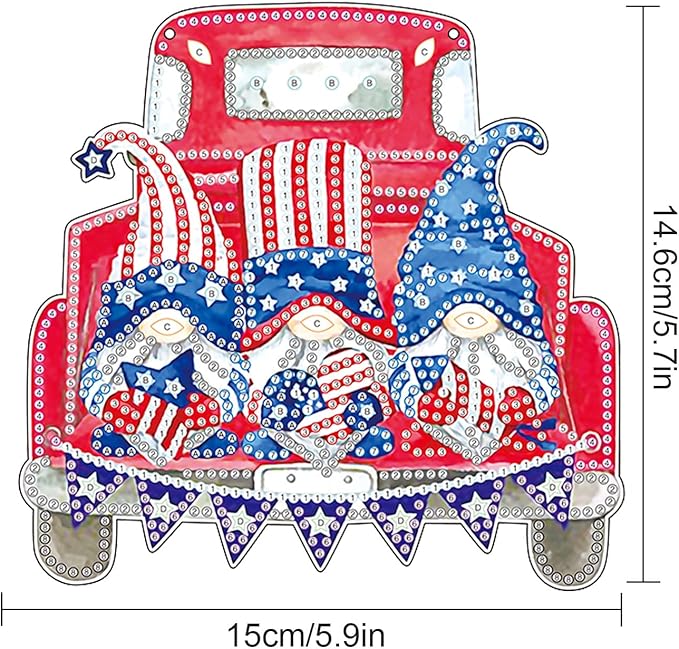 AiYuanzsh Red Car Gnome Diamond Painting Hanging Kit, 5D DIY Acrylic Special Shaped Diamond Art Pendant Ornament with Chain, Independence Day Wall or Door Decor, July 4th Crystal Art Kit for Adults