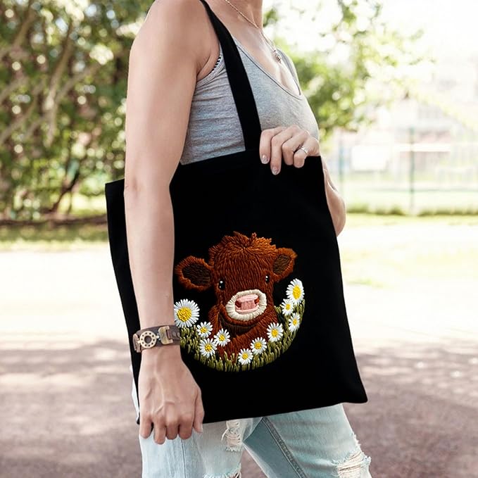FSSODWT Embroidery Kit Canvas Tote Bag, Canvas Handbag Embroidery Kit for Beginners with Pre - Printed Highland Cow Pattern - DIY Needlepoint Crafts with Hoops Threads Needle for Adults