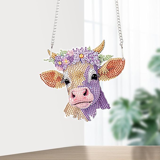 Cow Head Diamond Painting Hanging Kit, 5D DIY Acrylic Pendant with Special Shaped Crystal Rhinestones, Animal Art Ornament for Wall, Door or Window Decoration, Handmade Craft Gift for Adults