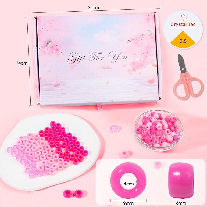1200Pcs 6x9mm Pony Bead for Bracelet Making Kit, 5 Style Pink Colors Kandi Beads Bulk for Friendship Bracelet Kit, Hair Beads for Braids with Stretch Cord and Scissors