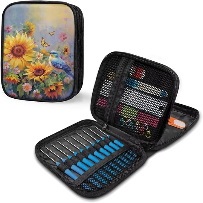 Hechitok Hummingbird Sunflower Crochet Hook Case Zipper Storage Organizer Bag with Pockets for Various Crochet Needles/Knitting Accessories/Crochet Hook Kit Tools