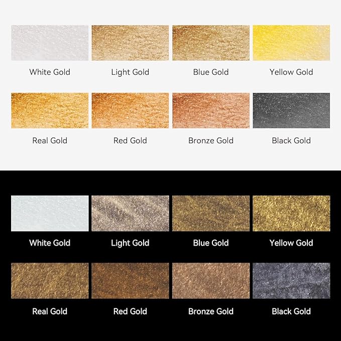 LIGHTWISH Metallic Waterolor Paints,8 Shimmery Gold Colors, Artist Glitter Solid Watercolors with 1 Water Brush Pen for Artists, Students and Painting Beginners