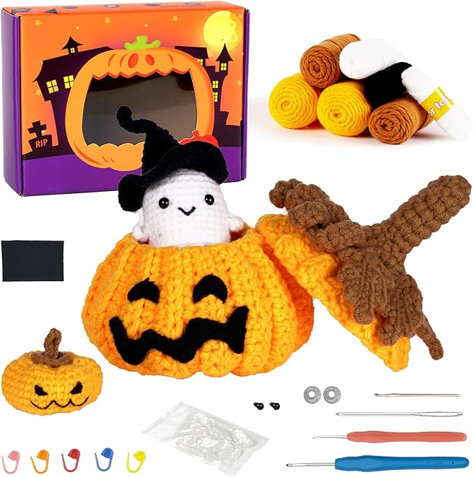 Beginners Easy to Start Crochet Kits for Beginners Halloween Pumpkin Animals Candy Bag Case Crochet Set DIY Gift for Starters Adult Kids Instruction and Video Tutorials
