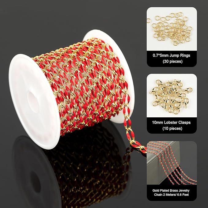 YOUBEIYEE Red Oil Drip Chain for Jewelry Making Gold Plated Brass Chain Roll with Jump Rings and Lobster Clasps Jewelry Supplies