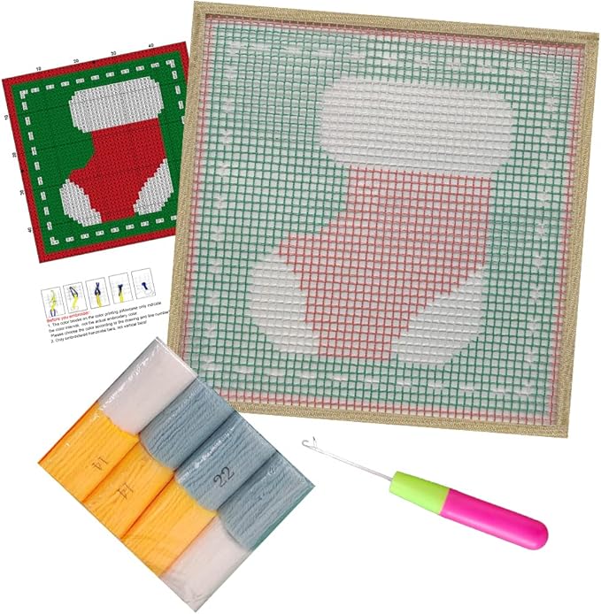 Numptain Latch Hook Kits for Adults,DIY Rug Crafts Christmas Socks Pattern Color Printed Canvas,Latch Hook Kits for Beginners Handmade Needlework Crafts Home Decoration,12"x12"