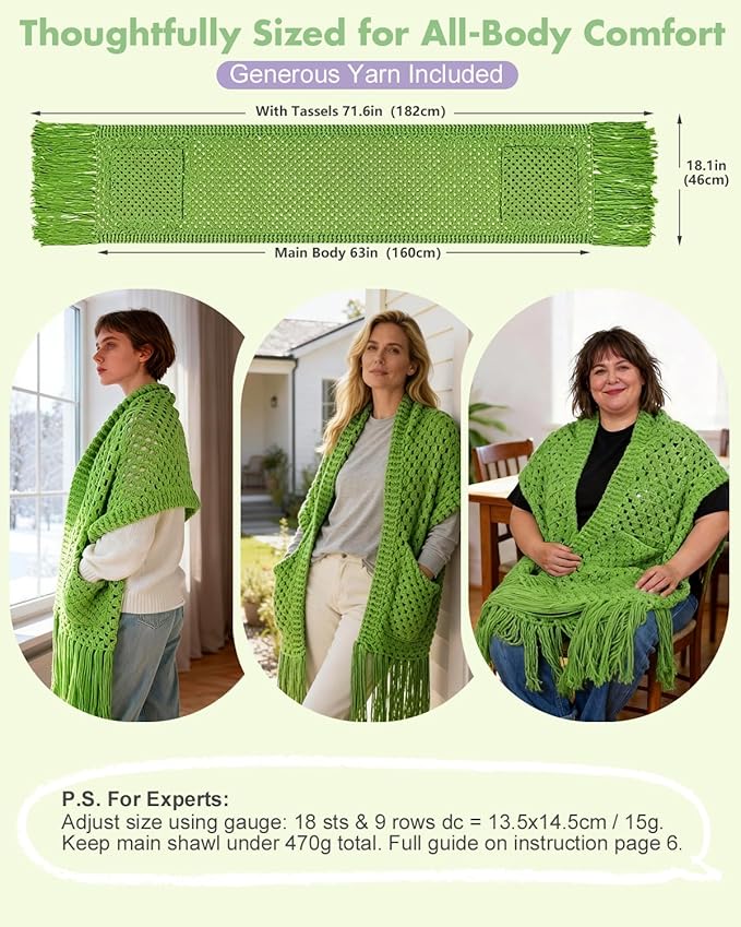 Arborthread Crochet Kit for Beginners, Easy Pocket Shawl & Scarf Crochet Kit for Adults w/Ample Premium Yarn to Fit Different Sizes, Step-by-Step Video & Instructions, Green