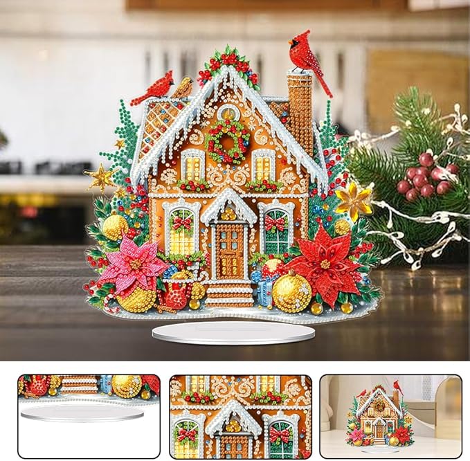 LAKEQUILL Christmas Diamond Painting Kits, Cookie House Tabletop Ornament, Stand Up Diamond Art Desktop Kits for Home Office Decor, New Year Gift