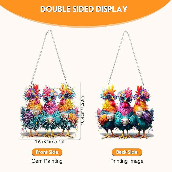 NEWENMO Diamond Art Hanging Kit for Adult, Funny Chicken, DIY Double Sided Acrylic Special Shaped Diamond Art Painting Window Pendant Cute Rooster, Home Garden Wall Hanging Ornament Kits