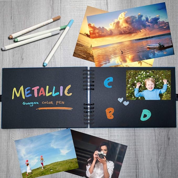 EVNEED Scrapbook Photo Album DIY Scrap Book Black Pages for Wedding Guest Book Anniversary Valentines Day Gifts with 15 Marker Paint Pens,80 Pages,Blue (40 Sheets)