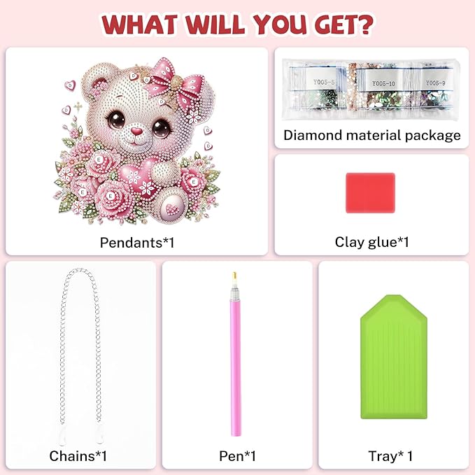 Bowetile Valentine's Day Diamond Art Hanging Kits for Adults, Diamond Art Suncatchers Bear, 5D Special Shape Diamond Painting Flowers Pendant Window Ornament Gifts for Home Door Wall Decor