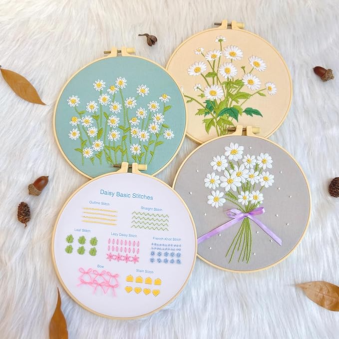 Shyshining Embroidery kit for Adults Beginners,4 Stitch Patterns with 3 Bamboo Hoops & 3 Hoop Stands,Cross Stitch Kits for Adults,Needlepoint Kits,Hand Craft,Step by Step Instructions & Video