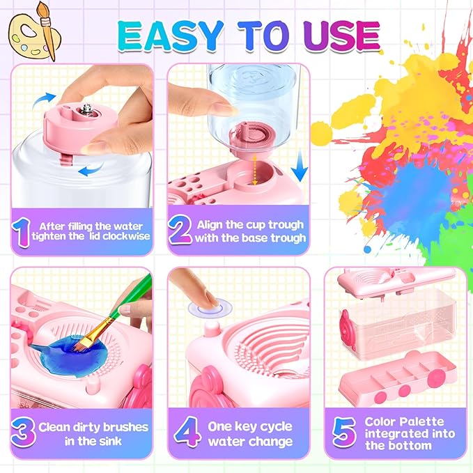 Paint Brush Cleaning Kit for Kids with 5 Brushes, Art Smock, Washable Mat, Guidebook, Spiral Brush Cleaner Jar for Watercolor(Pink)