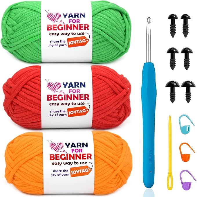 Yarn for Crocheting and Knitting Green Red Orange Cotton Crochet Knitting Yarn for Beginners with Easy-to-See Stitches Cotton-Nylon Blend Easy Yarn for Beginners Crochet Kit(3x50g)