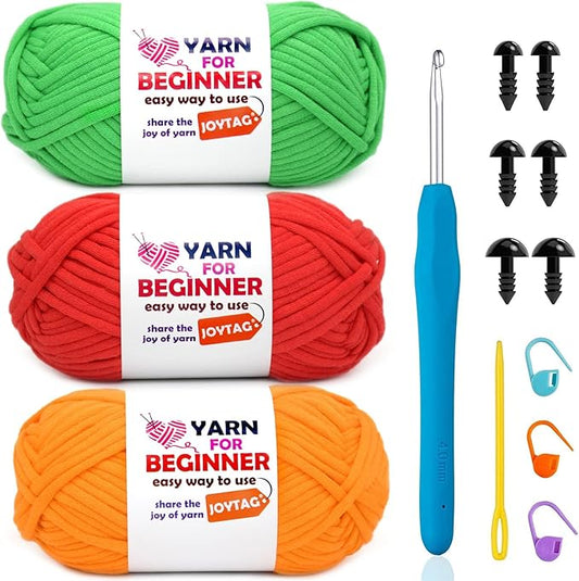 Yarn for Crocheting and Knitting Green Red Orange Cotton Crochet Knitting Yarn for Beginners with Easy-to-See Stitches Cotton-Nylon Blend Easy Yarn for Beginners Crochet Kit(3x50g)
