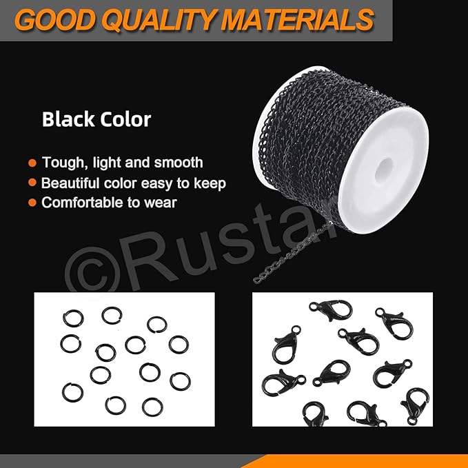 Rustark 102Pcs 4mm 30 Feet Black Jewelry Making Chains Kit Thin Necklace Bracelet Chain Twisted Links Curb Chain with Jump Rings Lobster Clasps and Pliers for Bracelet Necklace Jewelry Making