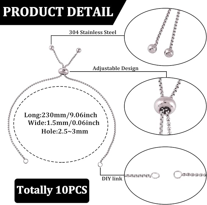 FASHEWELRY 10Pcs Adjustable Stainless Steel Snake Chains Bracelet 9" Golden Slider Bracelets Chains Tarnish Resistant Extender Box Chain with Ball End for DIY Jewelry Making (Stainless Steel Color)