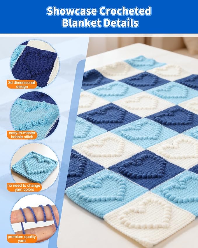 Coopay Crochet Blanket Kit for Beginners - 3D Love Granny Square Crochet Kit with Step-by-Step Video & Enough Yarns, Easy Bobble Blanket Crochet Kits for Adults, Ideal Gift for Craft Lovers (Blue)