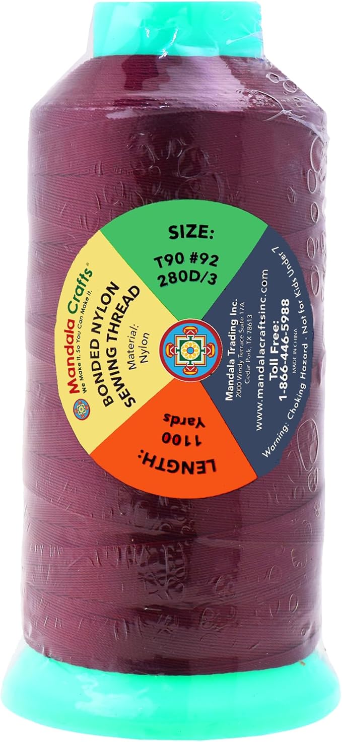 Mandala Crafts Size 92 280D T90 Bonded Nylon Thread - Burgundy 1100 YDs Tex 90 Heavy Duty Sewing Threads for Leather, Jeans, Weaving, Outdoor Marine Upholstery