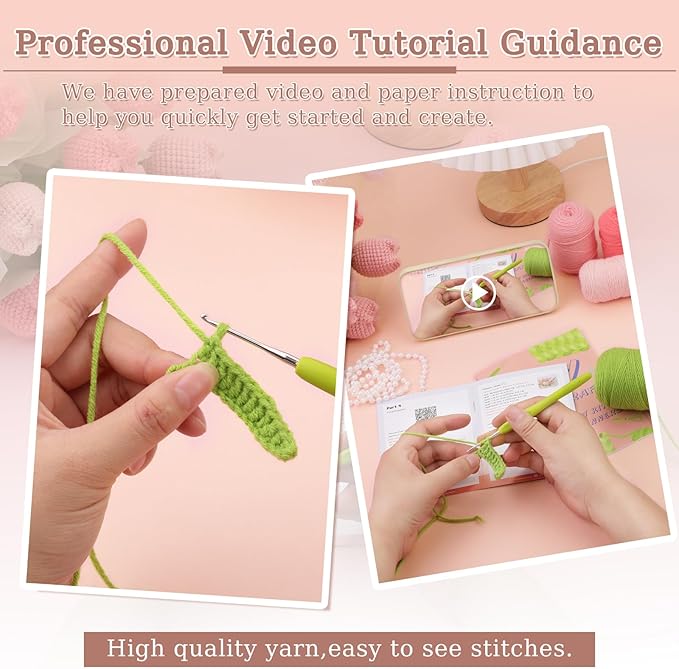 Iuuidu Crochet Kit for Beginners, Crochet Flower Bouquet Kit Pink, Beginner Crochet Kit for Adults, Crochet Flower Bouquet with Step-by-Step Video Tutorials for Birthday, DIY Craft Home Decor
