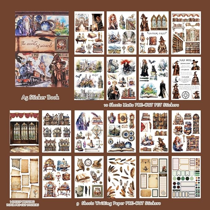 The Secrets of Wizards Sticker Book for Journaling Collage, 20 Sheets Precut Transparent PET Washi Matte Paper Materials Stickers for Scrapbooking, Junk Journal Supplies, Planner