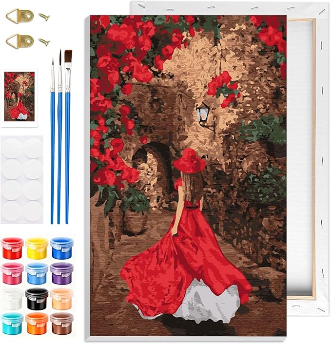 GHHKUD Red Dress Women Paint by Numbers Kits with Frame for Adults Beginners, DIY Landscape Paint by Numbers for Kids, Painting Art on Canvas Gifts Home Wall Decor 20x30cm