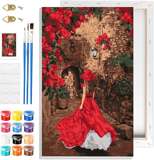 GHHKUD Red Dress Women Paint by Numbers Kits with Frame for Adults Beginners, DIY Landscape Paint by Numbers for Kids, Painting Art on Canvas Gifts Home Wall Decor 20x30cm