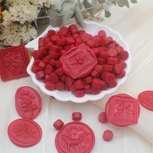 250pcs Wax Seal Beads Red, Andotopee Premium Sealing Wax Beads for Stamp Seals, Octagon Seal Stamp Pellets Refill Pack for Wedding Invitation, Letter Envelope, Scrapbook DIY Crafts (Red)