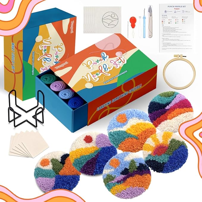 yuegool 6PCS Landscapes Punch Needle Coasters Kit,Easy DIY Punch Needle Embroidery Kit for Beginners & Adults Including Patterns, Tools, Yarns, Hoop, Instruction, Coaster Holder Art Craft Supplies