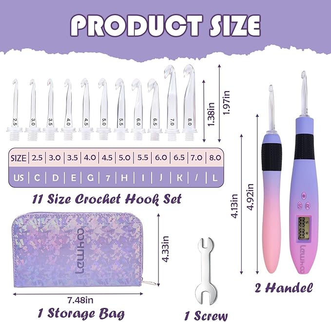 Lewhoo Lighted Crochet Hooks Set, 11 Size Light up Rechargeable Crochet Needle for Fluffy Yarn with Counter 2.5-8.0mm, Ergonomic Handle with Screw Gradiant Purple Glow in Dark