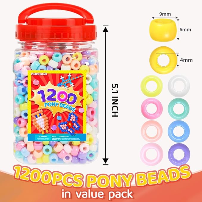 praisebank pony beads, 1200pcs 6x9mm, wholesale beads, bracelets jewelry making, arts & crafts(candy)