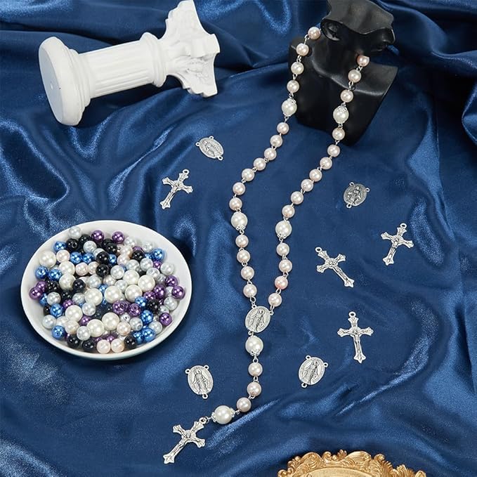 SUNNYCLUE 700Pcs Rosary Making Kits Crucifix Charms Rosary Crosses Easter Cross Pendants Oval Chandelier Link Charm Glass Pearl Beads for Jewelry Making Supplies DIY Necklace Bracelets Holiday