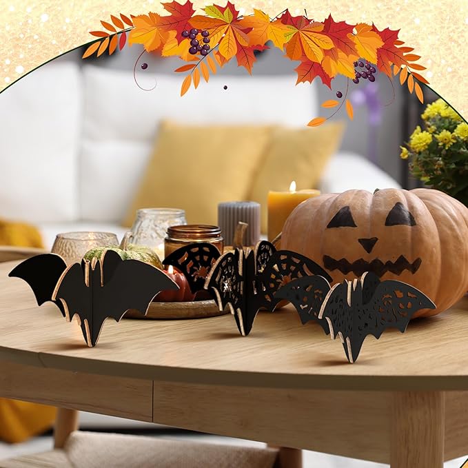 Blosssound 48 Pcs Summer Halloween Craft Set 36 Wood Bats for Crafts 3D Bats Cutouts with 12 Colored Marker Wooden Unfinished Slices to Paint for Summer Halloween DIY Handmade Tiered Tray Decor