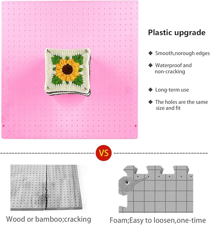 wuher 13''Granny Square Blocking Boards for Crochet Projects, Crochet Blocking Board with 20 pegs, Large-Sized Plastic Blocking Board is a Gift for Crochet Enthusiasts and Beginners (Pink)
