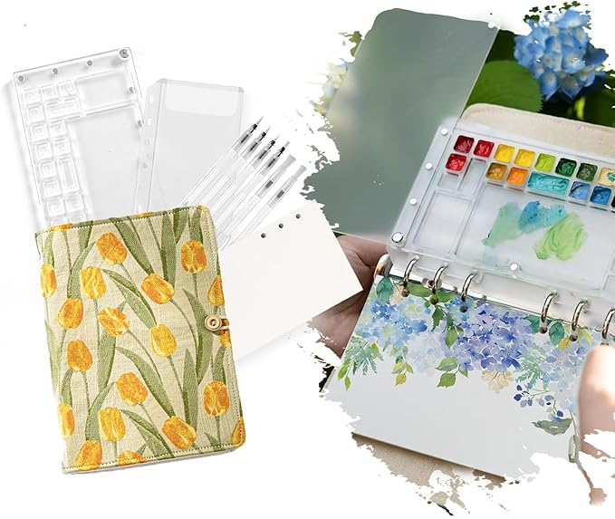 ACTANCEN A6 Binder Watercolor Travel Set,Refillable Embroidered Journal with Mini Paint Palette.Thick Paper Travel Diary/Sketchbook/Workbook for Girl,Tulip Flowers Art Notebook