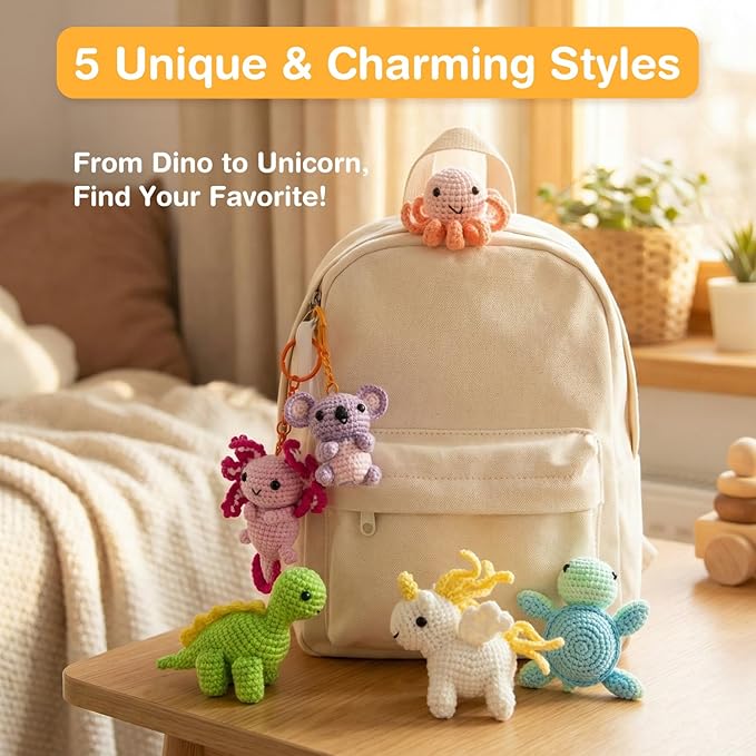 Avenir Beginner Crochet Kit for Adults & Teens - Small Portable Animals Kit with Keychain, Complete Supplies & Video Tutorials, Perfect Arts & Crafts Gift for Women & Girls (Baby Stegosaur)