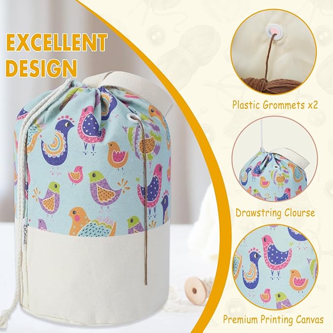 Yarn Bag, Small Crochet Bag Organizer, Drawstring Yarn Storage Knitting Bags, Portable Mini Yarn Holder for Crocheting Project, Store Skein Ball, Needles Accessories (Colorful Birds, Large)
