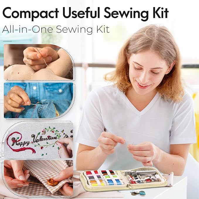 Coquimbo Sewing Kit Gifts for Adults Teen Grils Women Mom Grandma, Portable Sewing Supplies Contains Tape Measure, Scissors, Thimble, Thread, Sewing Needles (Beige, M)