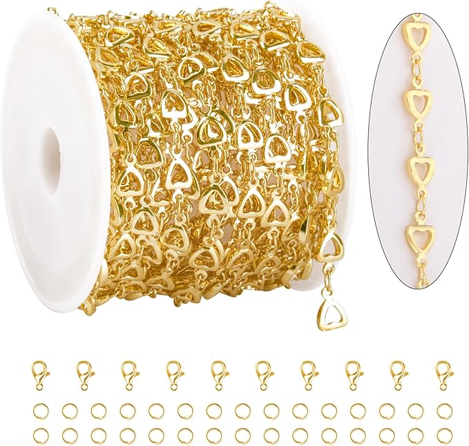 KYUNHOO 13 Feet Hollow Heart Chain for Jewelry Making 18K Gold Plated Brass Jewelry Chains Bulk with Lobster Clasps Jump Rings for Crafting Supplies