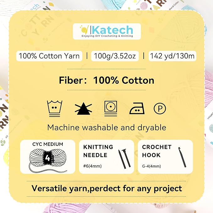 Katech 1OO% Cotton Yarn for Crocheting & Knitting-4 Pack of 100g/3.52 oz-4 Medium (Worsted) Cotton Crochet Yarn-Soft & Breathable-Ideal for Dishcloths, Baby Clothes, Potholders & Summer Projects(E)