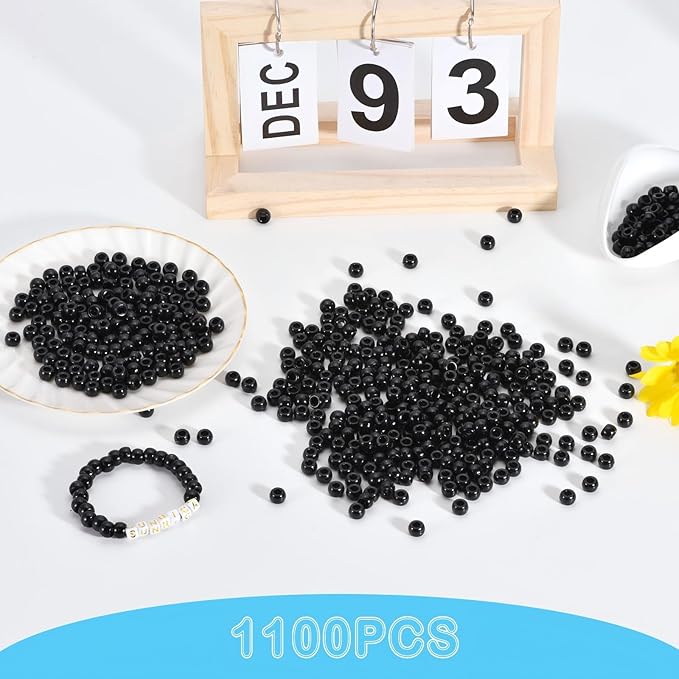 sunrica 1100pcs black pony beads 6x9mm bulk large hole plastic beads for kandi, hair braids, keychains, jewelry making