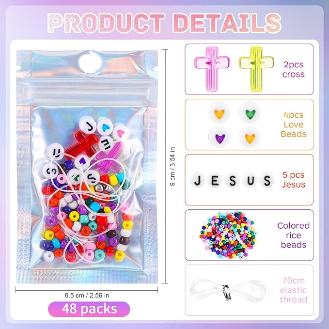 Tondiamo 48 Pack Christian Bead Bracelet Kits with Jesus Letter Beads, Heart Beads & Elastic Strings Religious Jesus Bible Crafts for Church Events, Sunday & Personal Crafting