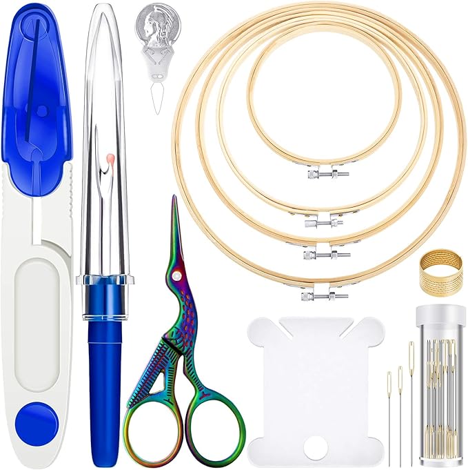 Mudder 53 Pieces Cross Stitch Tool Embroidery Starter Kit Includes Bamboo Circle Cross Stitch Hoop Ring Sewing Scissors Needle Threading Tools Thimbles Floss Bobbins Seam Ripper and Embroidery(Blue)