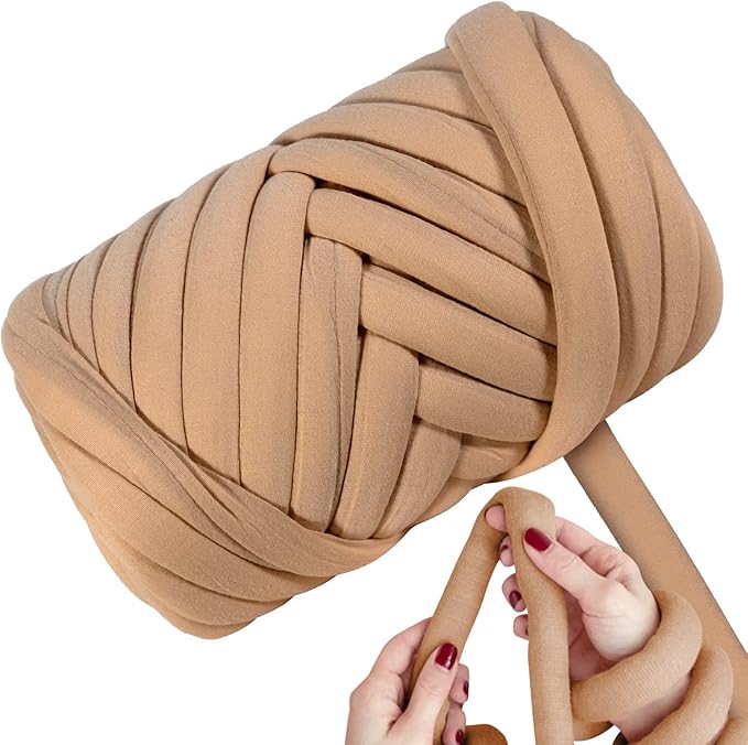 Light Weight Ultra Soft 2.2 LBS (1 kg) Chunky Yarn for Hand Knitting, Lush Polyester Fabric Tube Yarn to Make Handbags, Pillows, Blankets, Crafts (Khaki)
