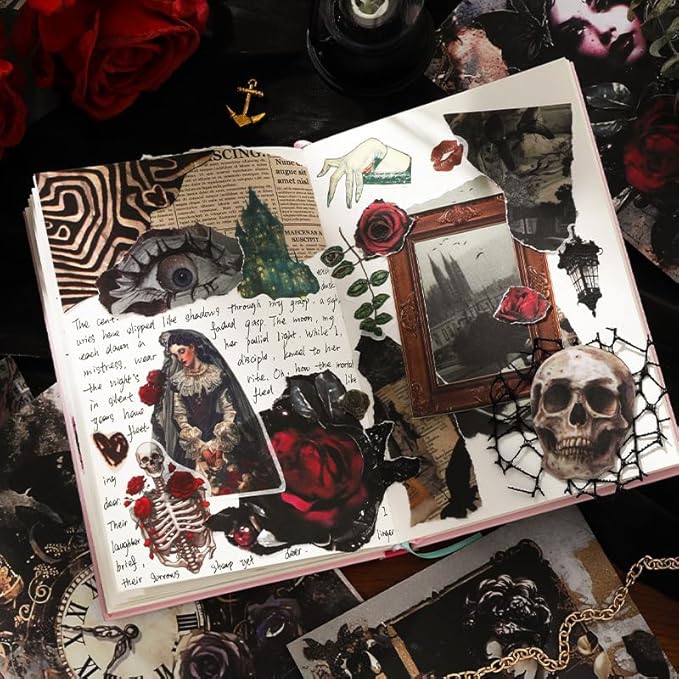Halloween Stickers for Adults, 50 Sheets Precut Dark Aesthetic Gothic Scrapbook Washi Sticker Book for Junk Journal Supplies, Journaling, Scrap Book Suply