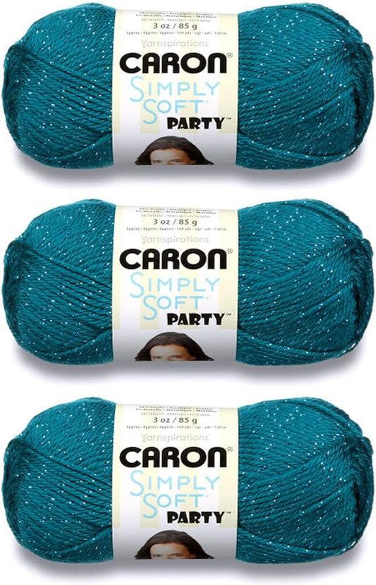Caron Simply Soft Party Teal Sparkle Yarn - 3 Pack of 85g/3oz - Acrylic - 4 Medium (Worsted) - 164 Yards - Knitting/Crochet