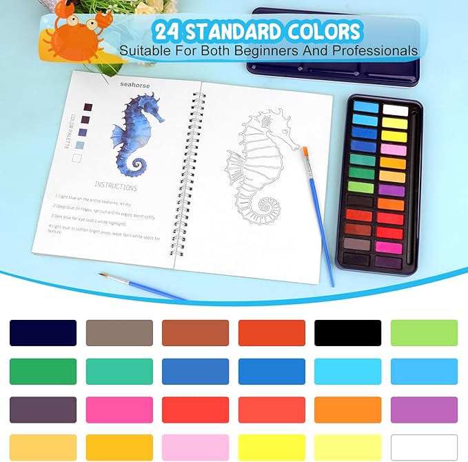 Ocean Watercolor Workbook for Beginners with 24 Colors Paint Set – Water Coloring Book with 12 Ocean Designs, Step-by-Step Painting Guide, Relaxing Watercolor Workbook Art Kit for Adults Teens