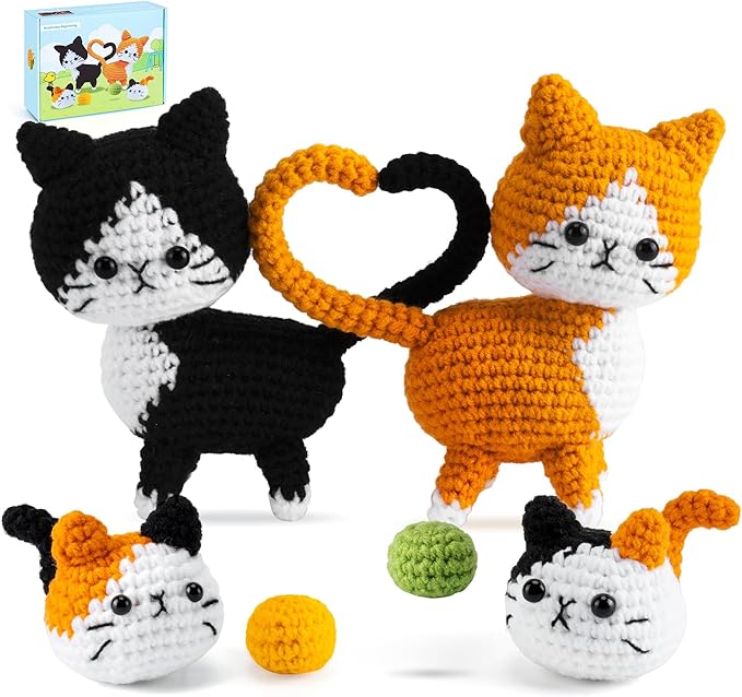 Valentine's Day Gift Cat Crochet Kit for Beginners-Crochet Kits 4PCS Cats Family Crochet Animals Kits with Step-by-Step Video Tutorials, Crochet Starter Kit Learn to Crochet Kits for Adults