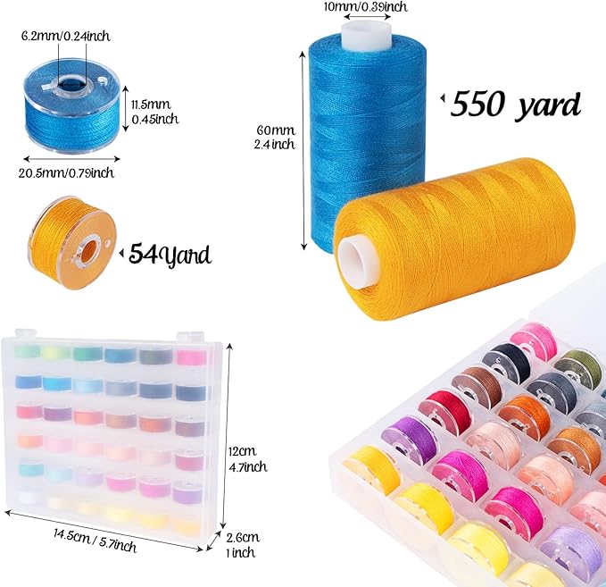 ilauke 72pcs Sewing Thread Bobbins Kit, 36 Colors 550 Yard Thread for Sewing Matched 50 Yard Prewound Bobbins, Polyester Threads for Machine Home Hand Crafting