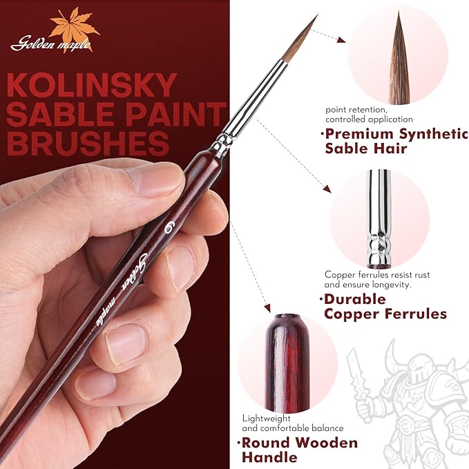 Professional Sable Hair Detail Paint Brush Set - 6 Miniature Art Brushes for Fine Detailing & Art Painting - Acrylic, Watercolor, Oil - Miniatures, Models, Red